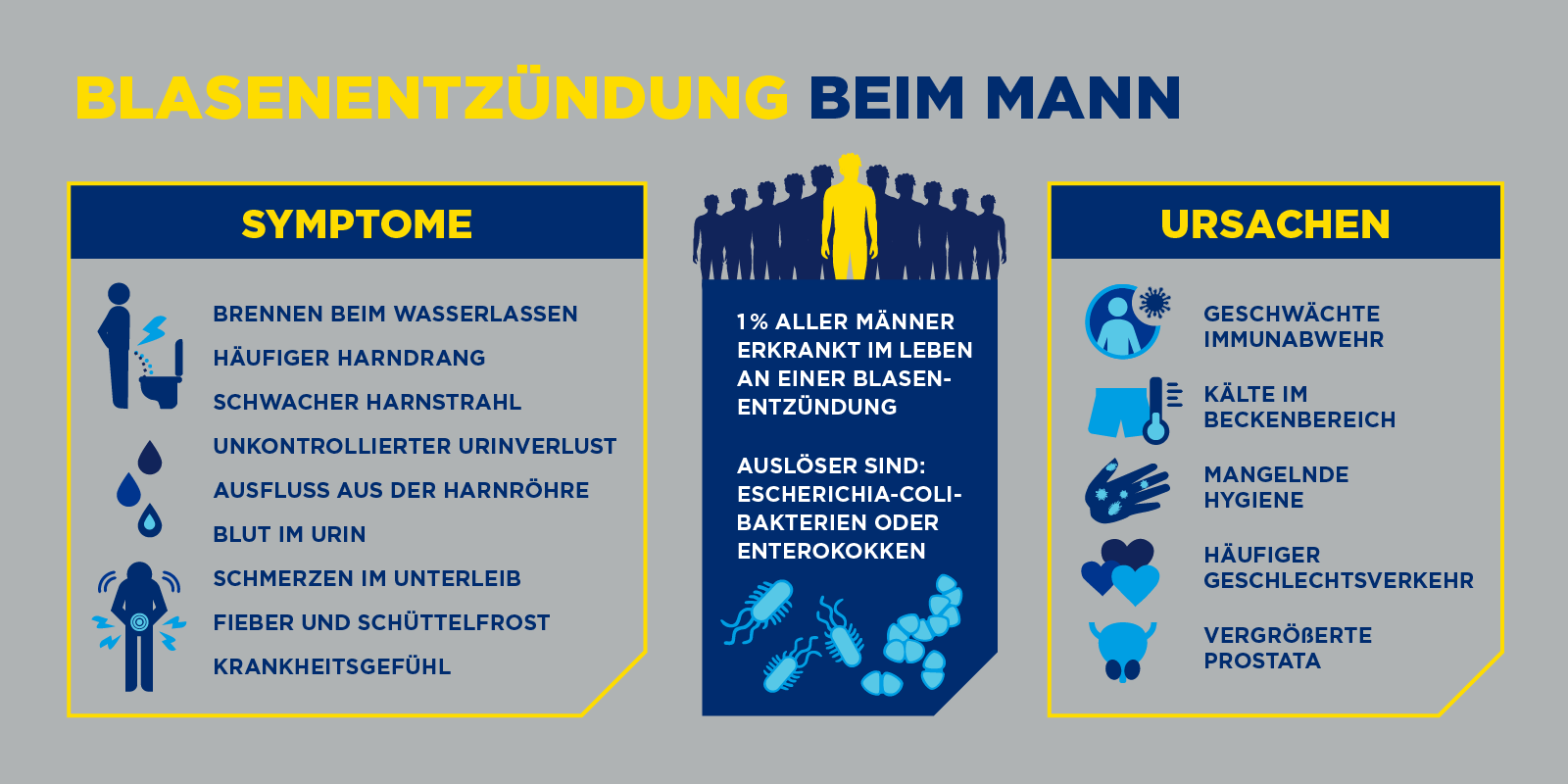 Infografik zu Ursachen und Symptomen einer Blasenentzündung beim Mann Infografik zu Ursachen und Symptomen einer Blasenentzündung beim Mann